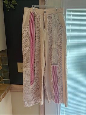 Boho Patchwork Wide Leg Pants in Cream with Pink Stripes